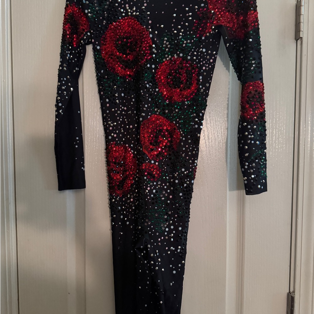 Black and Red Bodycon Jumpsuit with Crew Neck